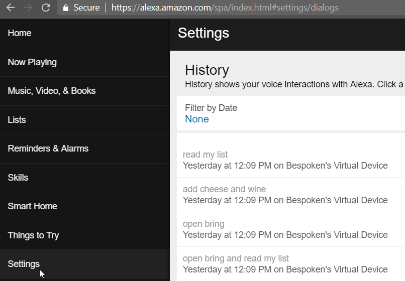 Showing Alexa's utterances history