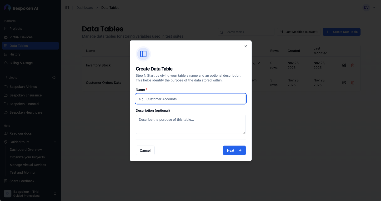 Creating a data table