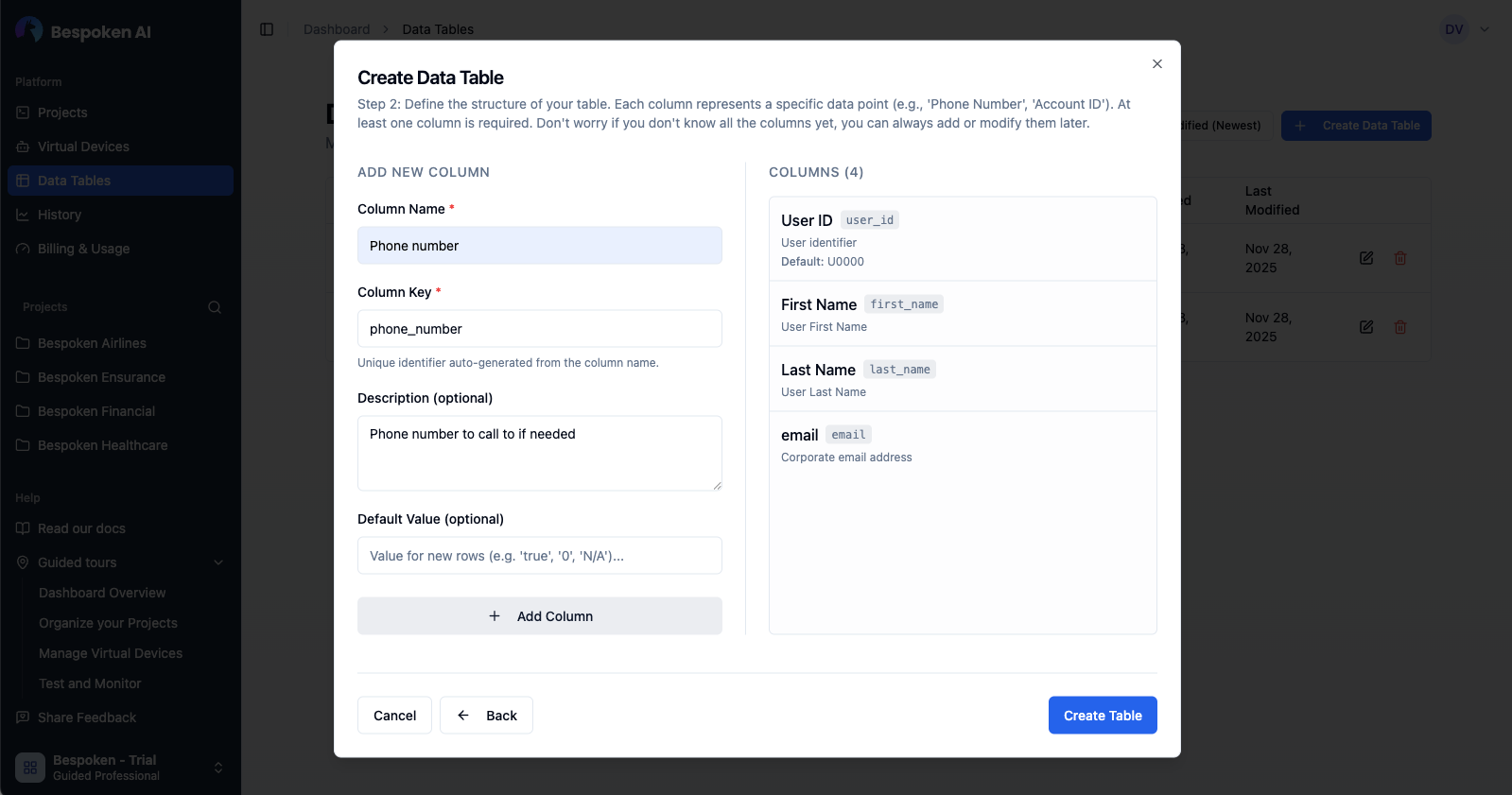 Creating a data table