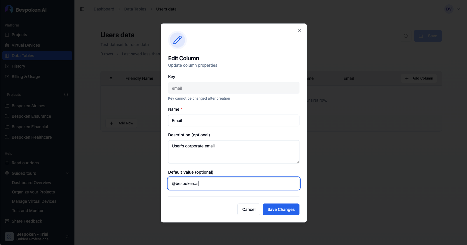 Editing column properties