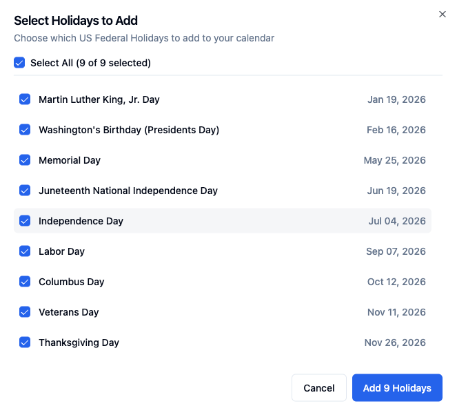 Quick add holidays dialog