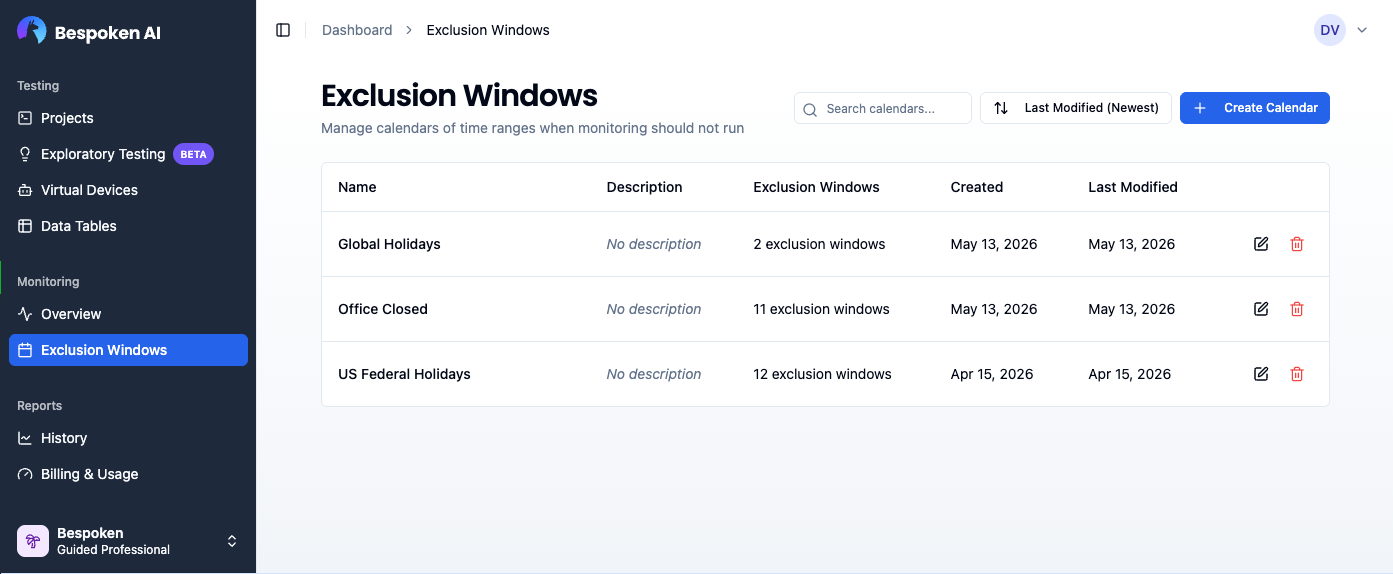 Exclusion windows list